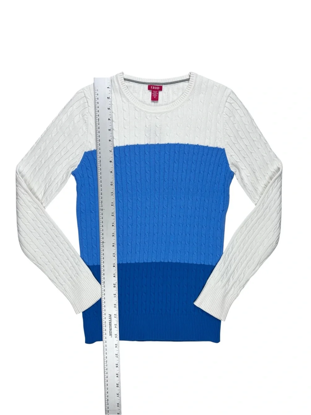 IZOD Women's Cable Knit Color Block Blue Cream Long Sleeve Sweater Size Medium
